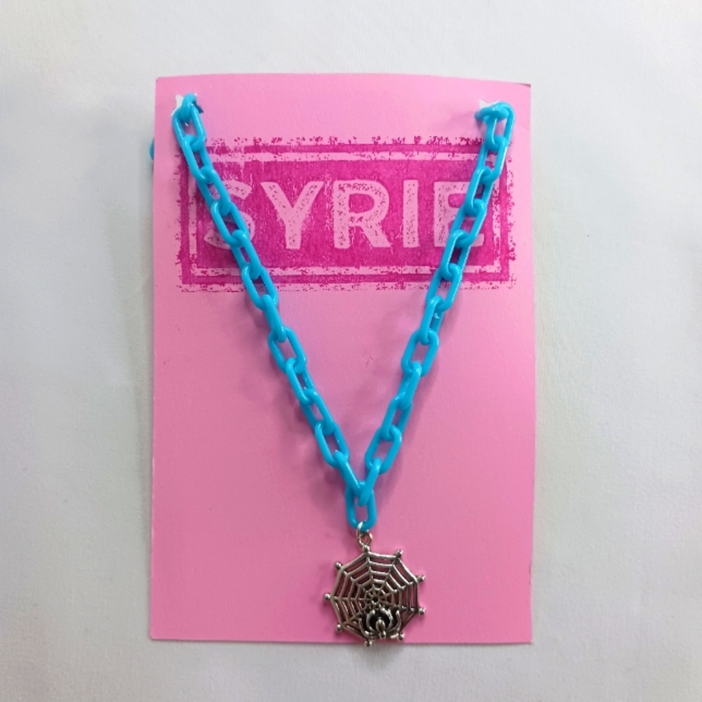 Plastic Bright Blue Link Necklace with Silver Spider Web with Spider Pendant.